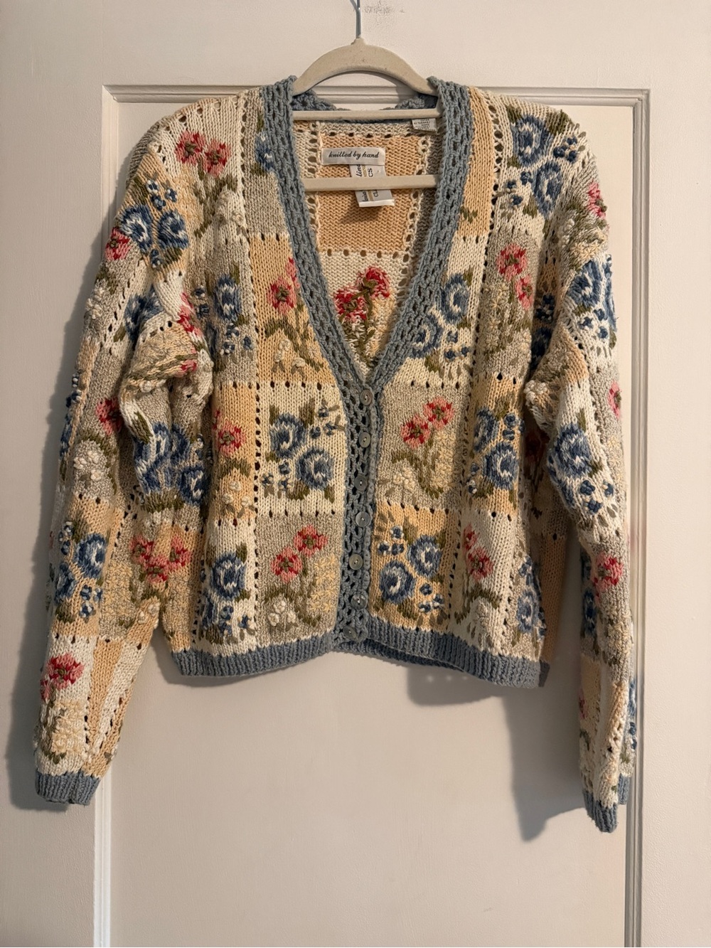 Vintage Marisa Christina Hand Knit Floral Cotton Blend V-Neck Cardigan Small